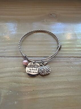 Silver Teacher Apple Charm Bangle Bracelet with Pink Pearl